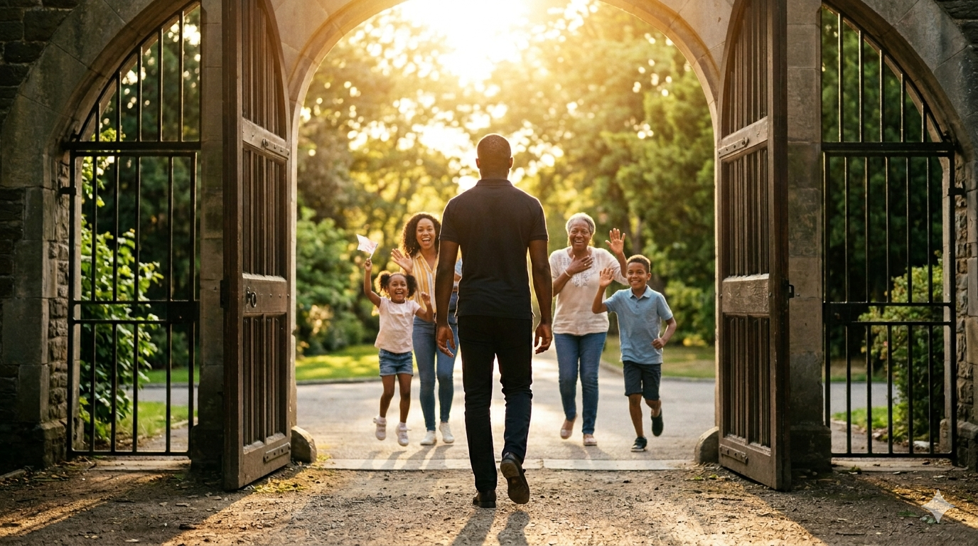 A man walking through an open gate toward his welcoming family at sunset